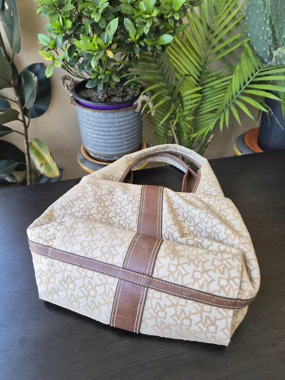 Vintage DKNY Logo Canvas Leather Trim Hobo Bag Gold Lock Beige Brown